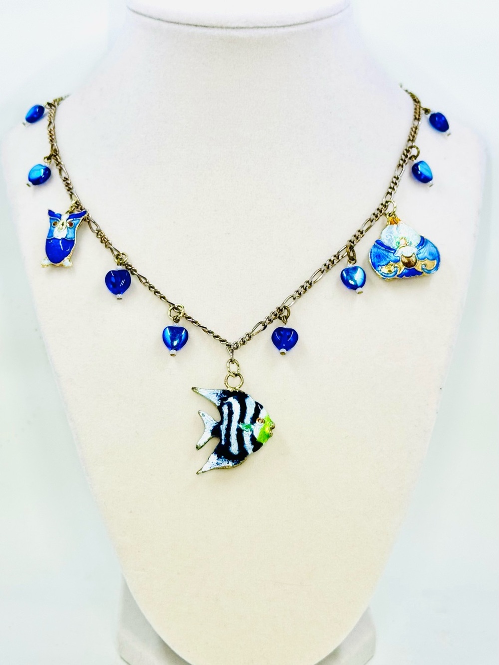 Gold Tone Blue Enamel Cloisonné Style Fish Charm Necklace 26”